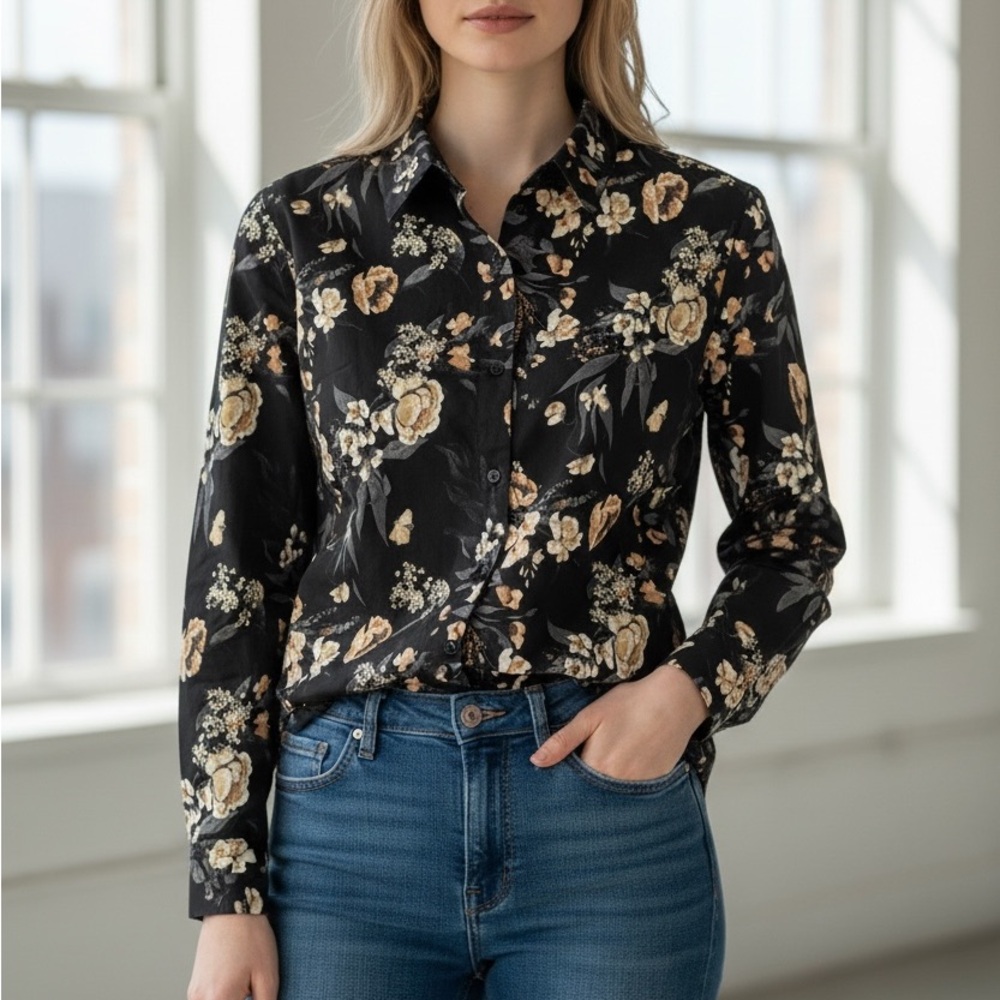 Floral Button Down Shirt in Black and Cream